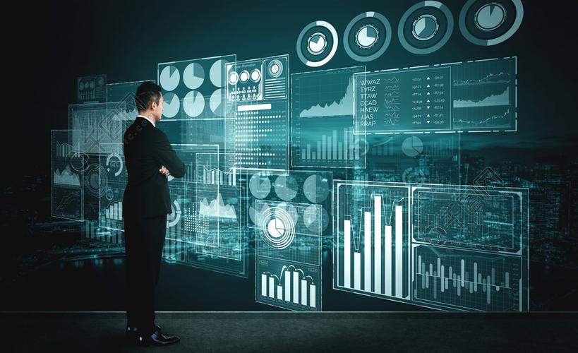商业金融分析概念的大数据技术现代化的图形界面在屏幕监视器上显示了
